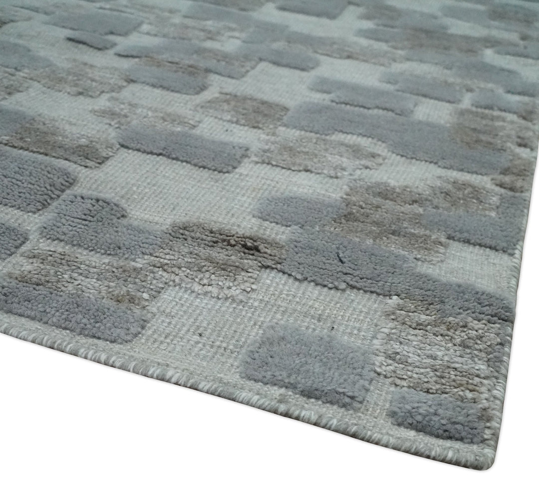 Hand carved Silver, Gray and Brown Traditional Geometrical Pattern Hand Knotted 8x10 and 9x12 Wool and Silk Area Rug - The Rug Decor