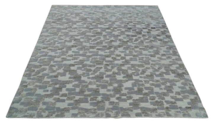 Hand carved Silver, Gray and Brown Traditional Geometrical Pattern Hand Knotted 8x10 and 9x12 Wool and Silk Area Rug - The Rug Decor