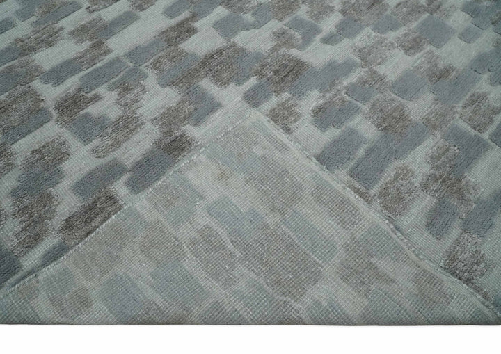 Hand carved Silver, Gray and Brown Traditional Geometrical Pattern Hand Knotted 8x10 and 9x12 Wool and Silk Area Rug - The Rug Decor