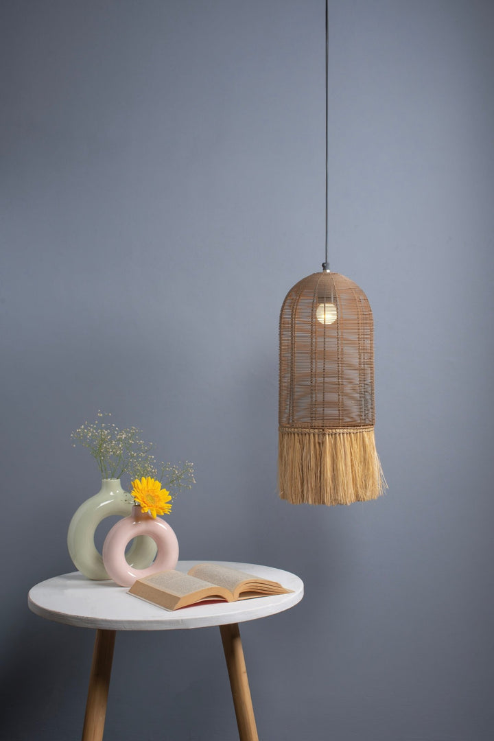 Hand Crafted Metal Wired Pendant Lamp with Natural Fiber Shade and Golden Finish - The Rug Decor