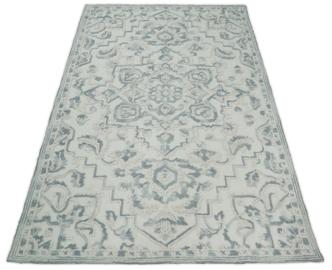 Hand Hooked 5x8 Blue, Silver and White Wool Textured Loop Area Rug | GAR7 - The Rug Decor
