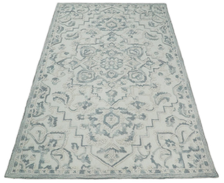 Hand Hooked 5x8 Blue, Silver and White Wool Textured Loop Area Rug | GAR7 - The Rug Decor