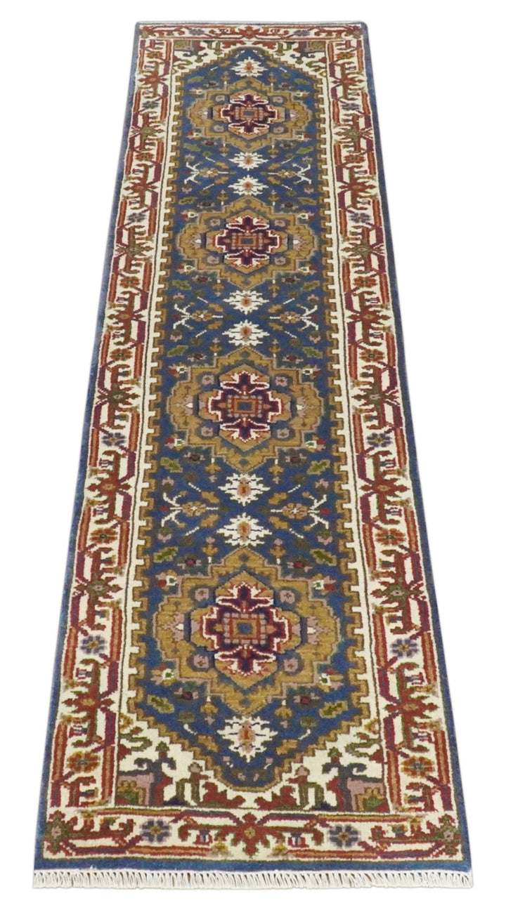 Hand Knotted 2.6x10 Blue, Ivory and Mustard Traditional Wool Area Rug - The Rug Decor