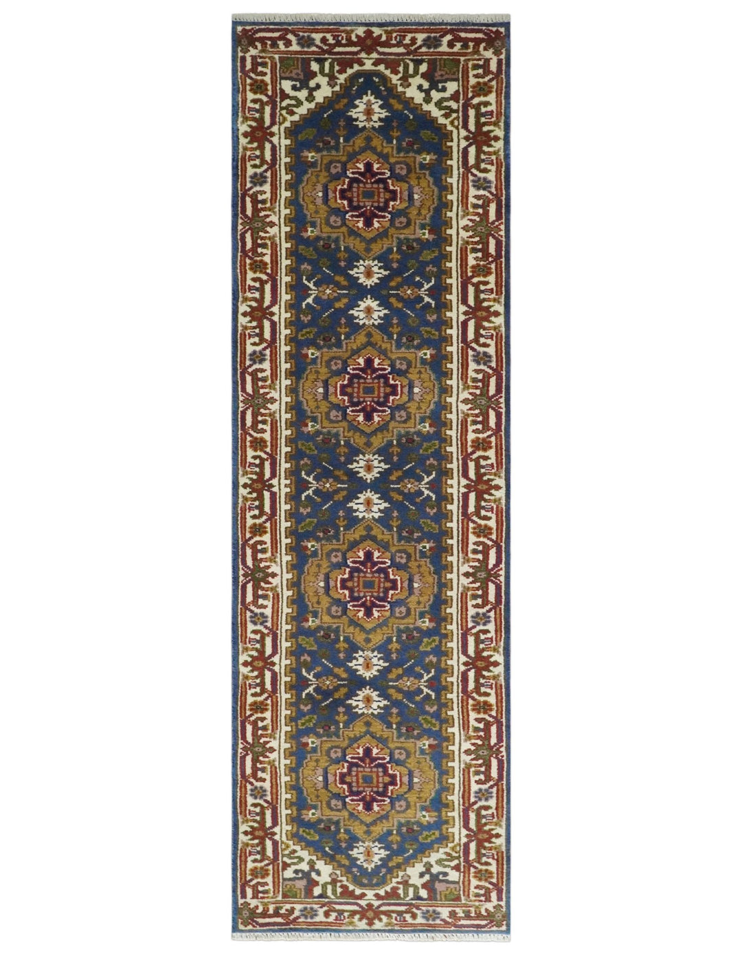 Hand Knotted 2.6x10 Blue, Ivory and Mustard Traditional Wool Area Rug - The Rug Decor