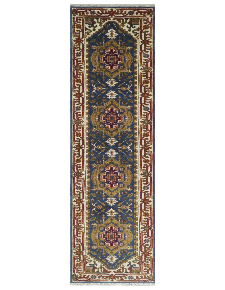 Hand Knotted 2.6x10 Blue, Ivory and Mustard Traditional Wool Area Rug - The Rug Decor