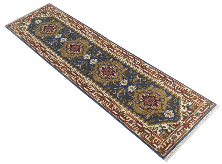 Hand Knotted 2.6x10 Blue, Ivory and Mustard Traditional Wool Area Rug - The Rug Decor