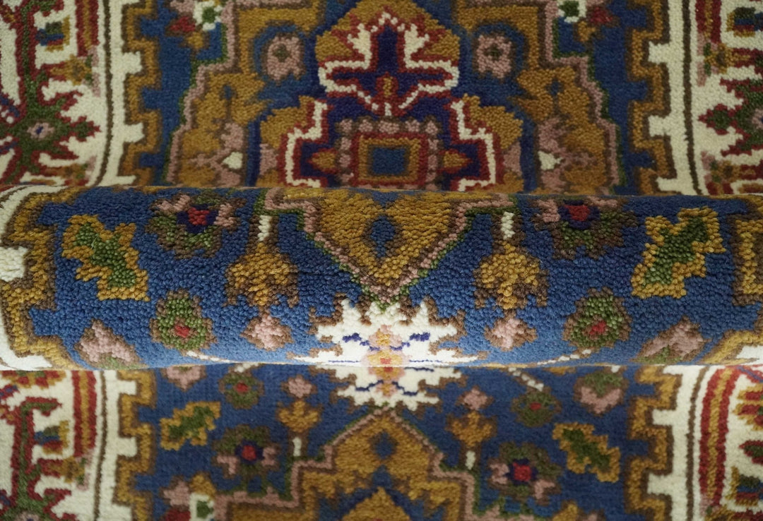 Hand Knotted 2.6x10 Blue, Ivory and Mustard Traditional Wool Area Rug - The Rug Decor