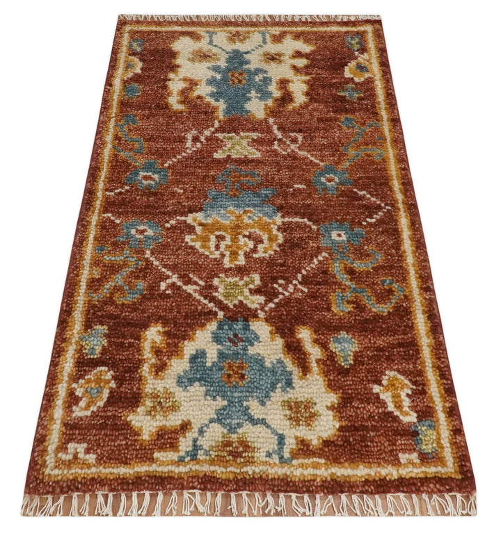 Hand Knotted 2x3 Rust, Blue and Ivory Traditional Antique Persian Design Wool Rug | TRDCP79923 - The Rug Decor