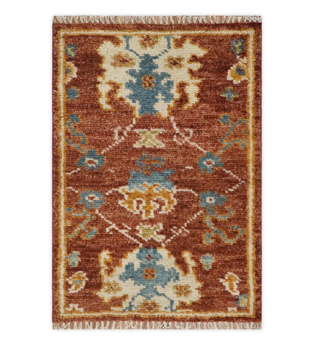 Hand Knotted 2x3 Rust, Blue and Ivory Traditional Antique Persian Design Wool Rug | TRDCP79923 - The Rug Decor