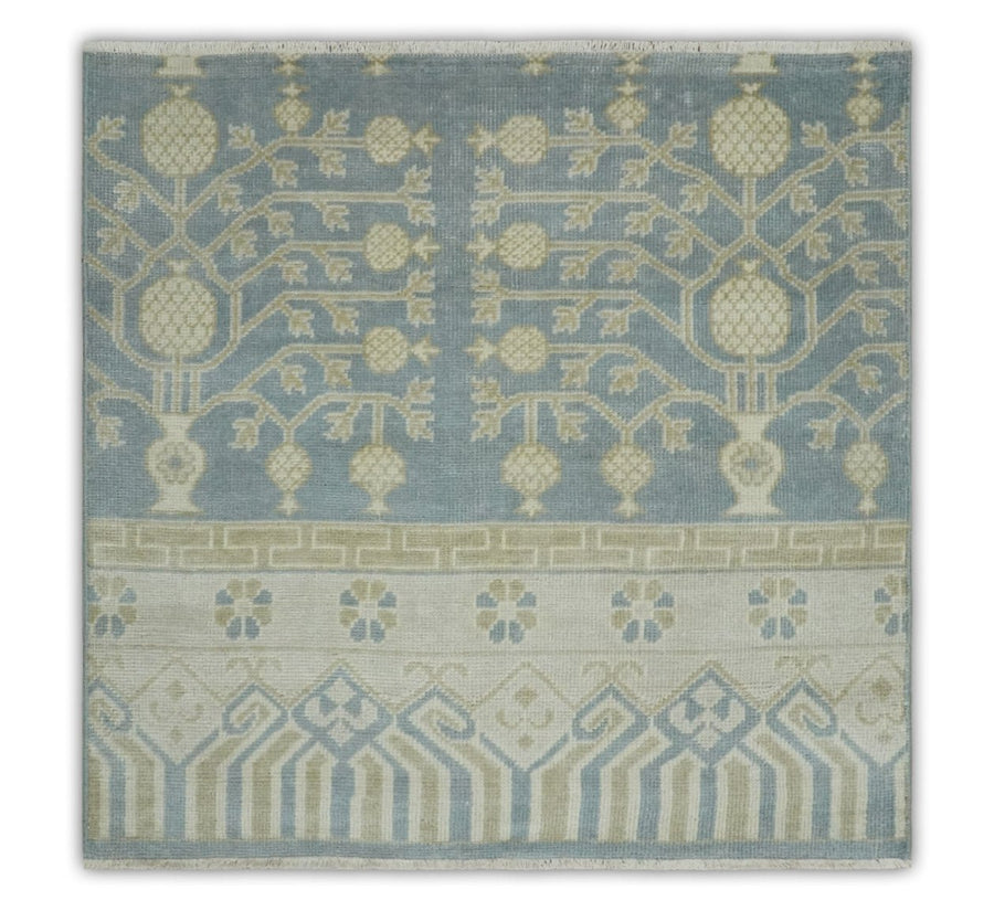 Hand Knotted 3x3 Gray, Ivory and Beige Traditional Low Pile Wool Rug, Bedside Rug | N35033 - The Rug Decor