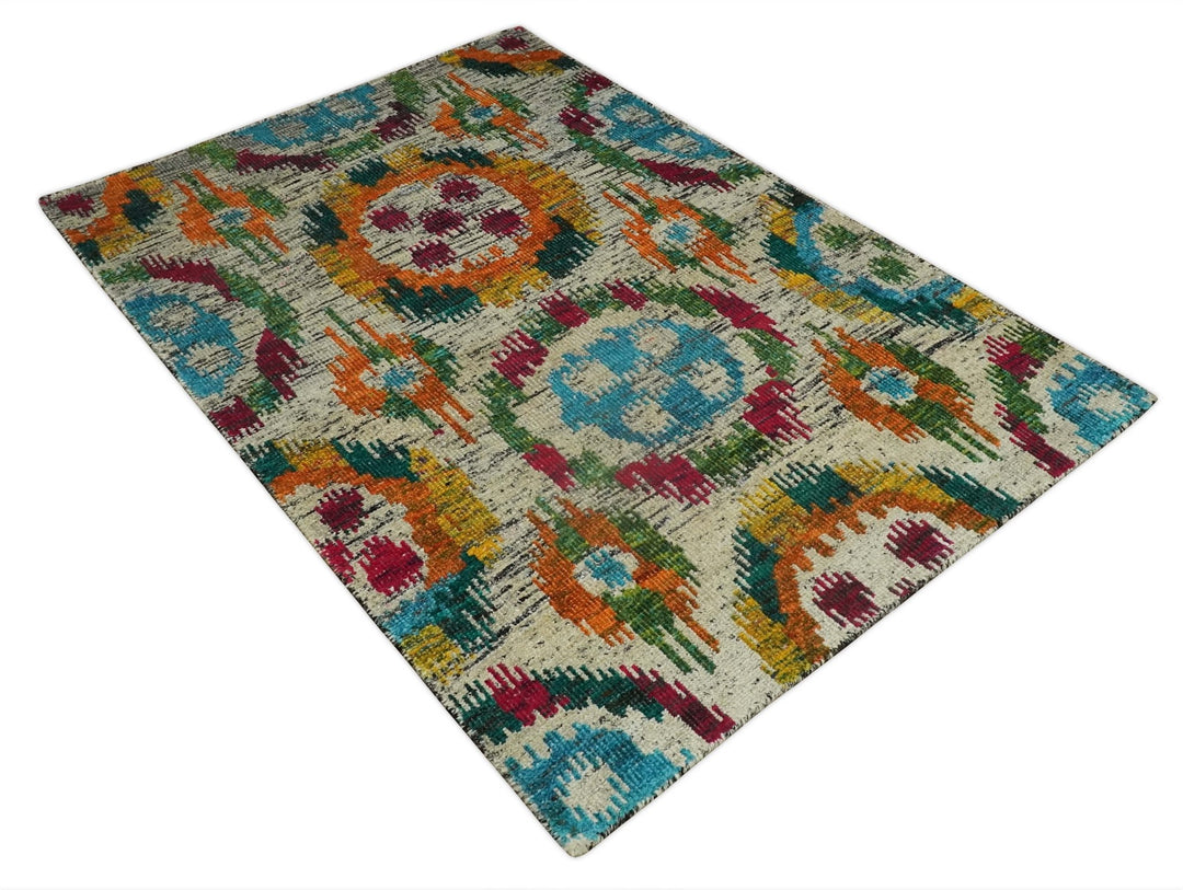 Hand Knotted 4.5x6.5 Multicolor Persian made of Recycled Silk Area Rug | OP66 - The Rug Decor