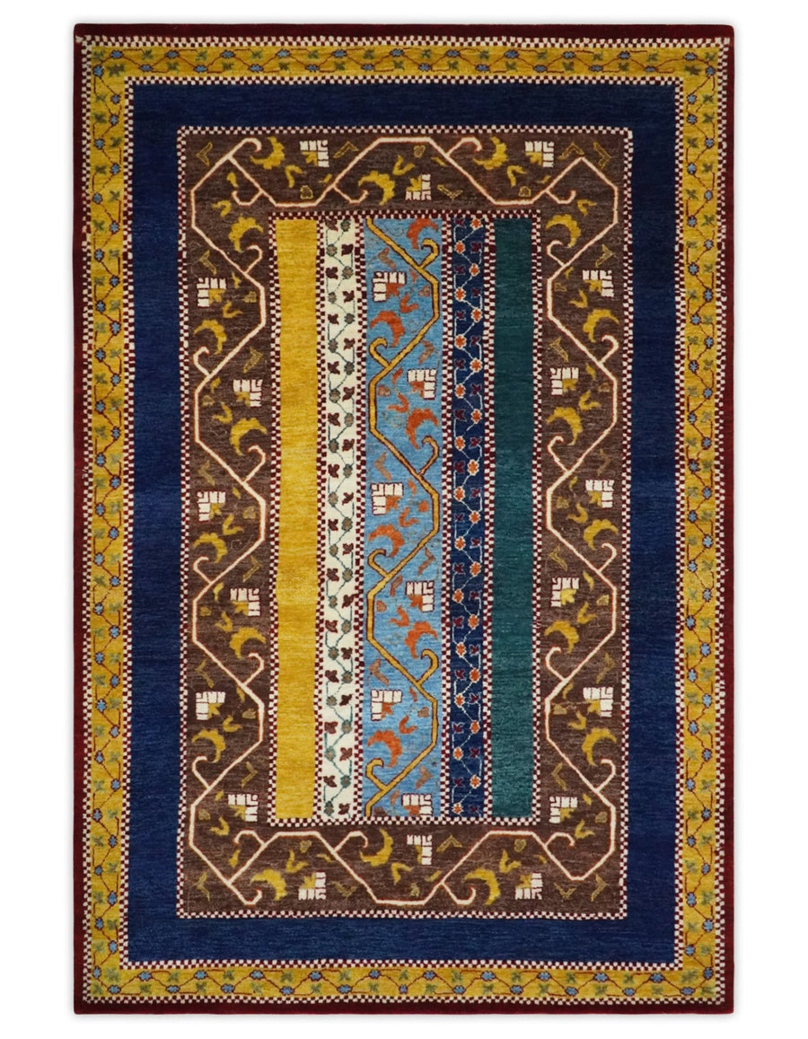 Hand Knotted 4x6 Green, Gold, Blue and Brown Striped Wool Southwestern Lori Gabbeh Rug | KNT55 - The Rug Decor