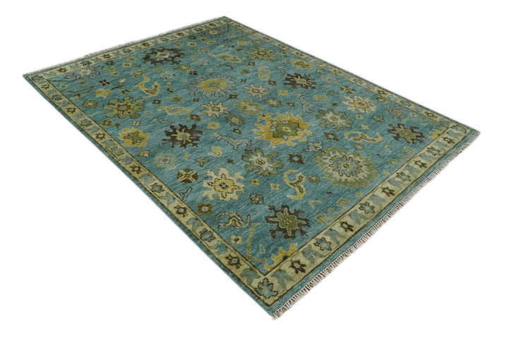 Hand Knotted 5x8, 6x9, 8x10, 9x12, 10x14 and 12x15 Blue and Gold Traditional Persian Oushak Wool Rug | TRDCP894810 - The Rug Decor