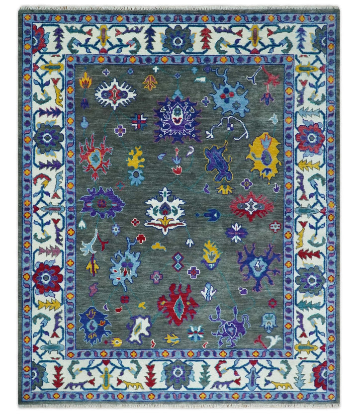 Hand Knotted 5x8, 6x9, 8x10, 9x12, 10x14 and 12x15 Charcoal and Ivory Traditional Persian Oushak Wool Rug | TRDCP911810 - The Rug Decor