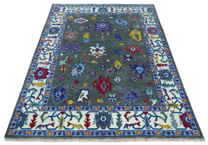 Hand Knotted 5x8, 6x9, 8x10, 9x12, 10x14 and 12x15 Charcoal and Ivory Traditional Persian Oushak Wool Rug | TRDCP911810 - The Rug Decor