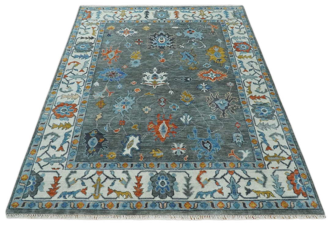 Hand Knotted 5x8, 6x9, 8x10, 9x12, 10x14 and 12x15 Charcoal and Ivory Traditional Persian Oushak Wool Rug | TRDCP944810 - The Rug Decor