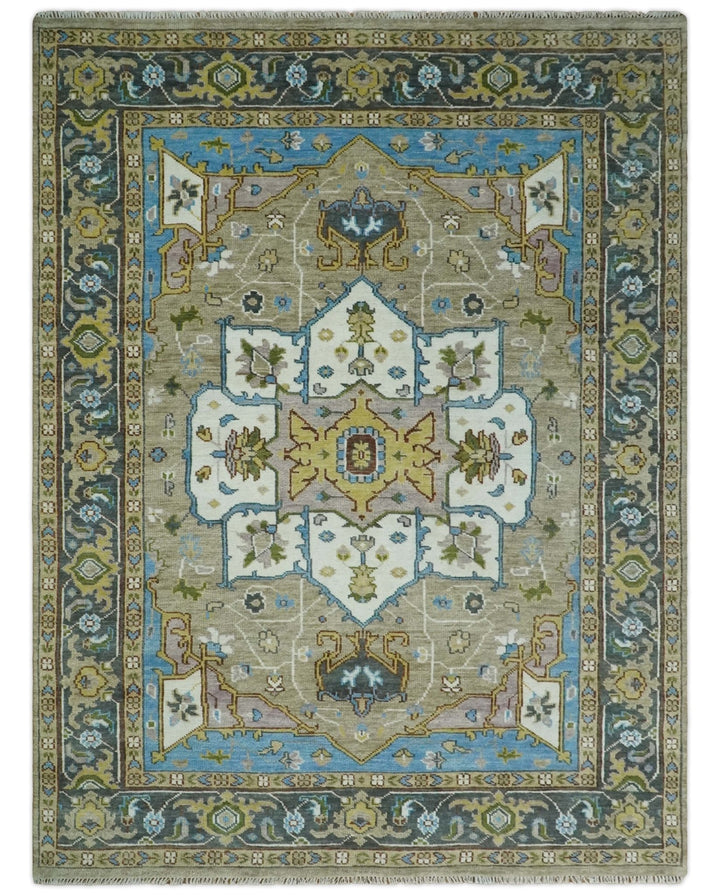 Hand Knotted 5x8, 6x9, 8x10, 9x12, 10x14 and 12x15 Ivory, Camel and Teal Modern Traditional Persian Heriz Serapi Wool Rug | TRDCP881912 - The Rug Decor