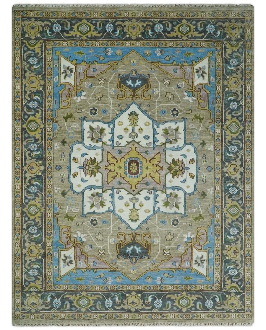 Hand Knotted 5x8, 6x9, 8x10, 9x12, 10x14 and 12x15 Ivory, Camel and Teal Modern Traditional Persian Heriz Serapi Wool Rug | TRDCP881912 - The Rug Decor