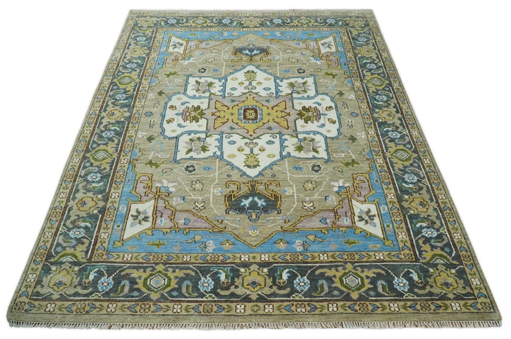 Hand Knotted 5x8, 6x9, 8x10, 9x12, 10x14 and 12x15 Ivory, Camel and Teal Modern Traditional Persian Heriz Serapi Wool Rug | TRDCP881912 - The Rug Decor