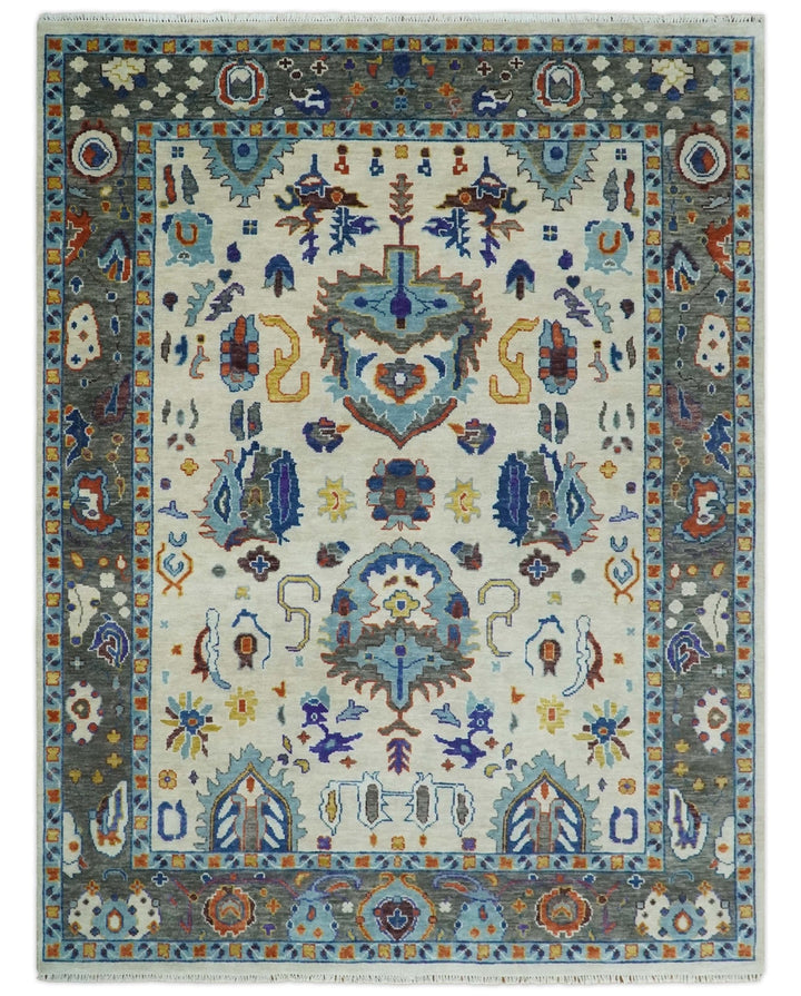 Hand Knotted 5x8, 6x9, 8x10, 9x12, 10x14 and 12x15 Ivory, Charcoal and Blue Traditional Persian Oushak Wool Rug | TRDCP892 - The Rug Decor