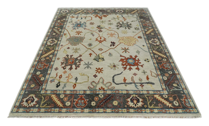 Hand Knotted 5x8, 6x9, 8x10, 9x12, 10x14 and 12x15 Ivory, Charcoal and Blue Traditional Persian Oushak Wool Rug | TRDCP916912 - The Rug Decor