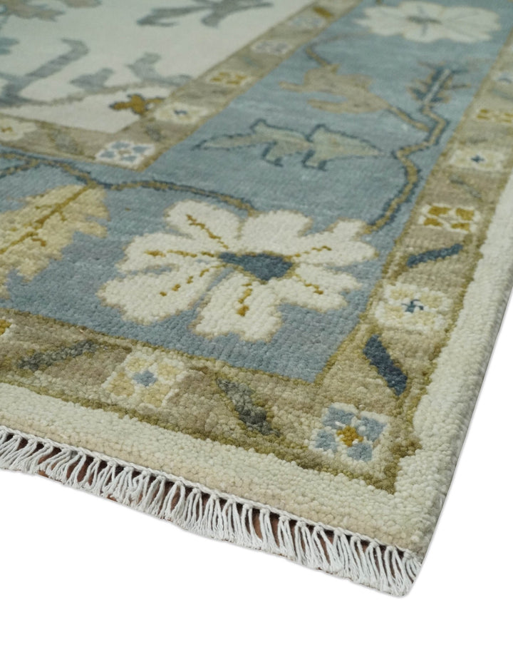 Hand Knotted 5x8, 6x9, 8x10, 9x12, 10x14 and 12x15 Ivory, Silver and Blue Traditional Vintage Oushak Wool Rug | TRDCP1342 - The Rug Decor