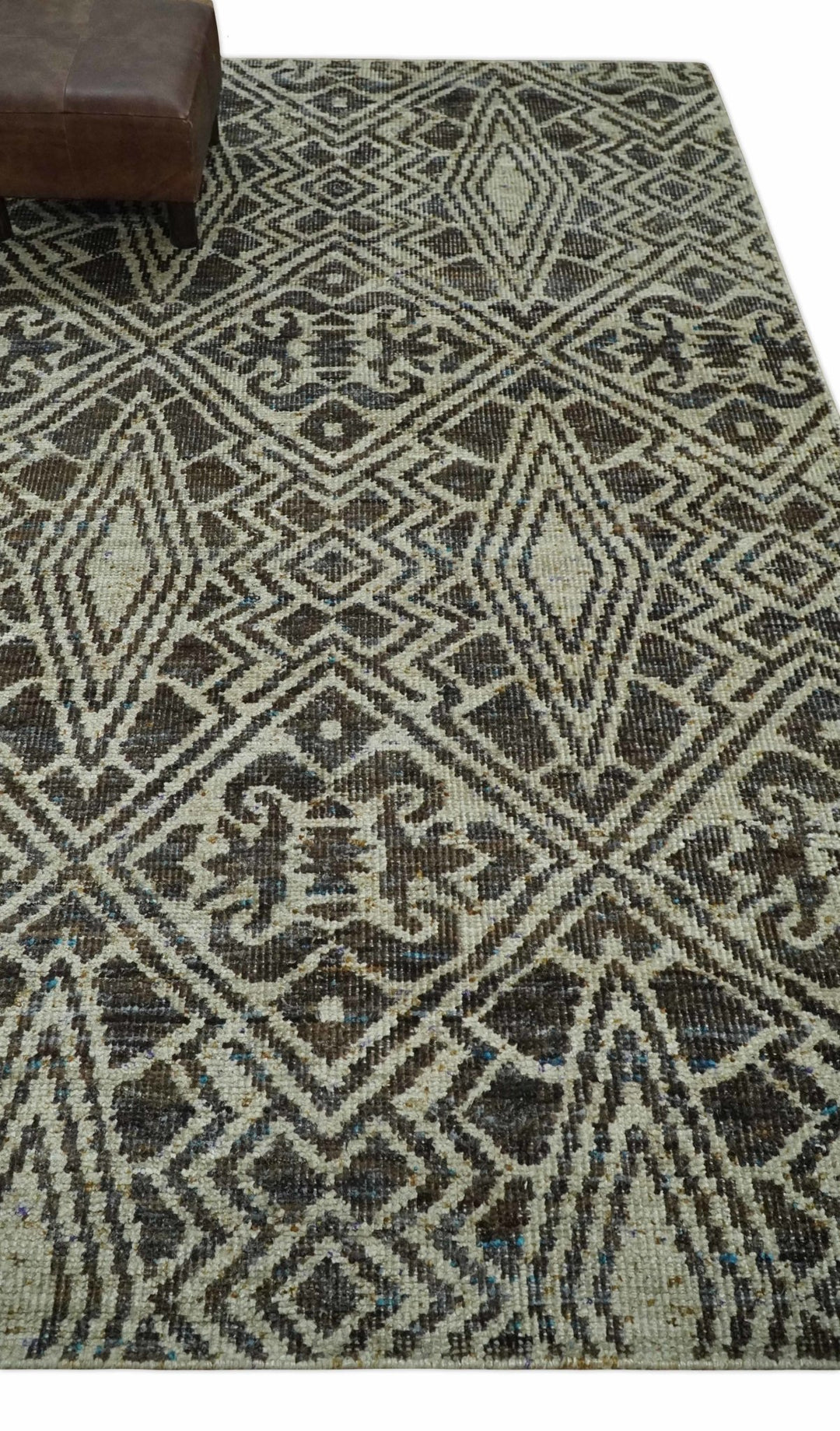 Hand Knotted 5x8 Beige and Brown Modern Persian Contemporary Southwestern Tribal Trellis Recycled Silk Area Rug | OP106 - The Rug Decor
