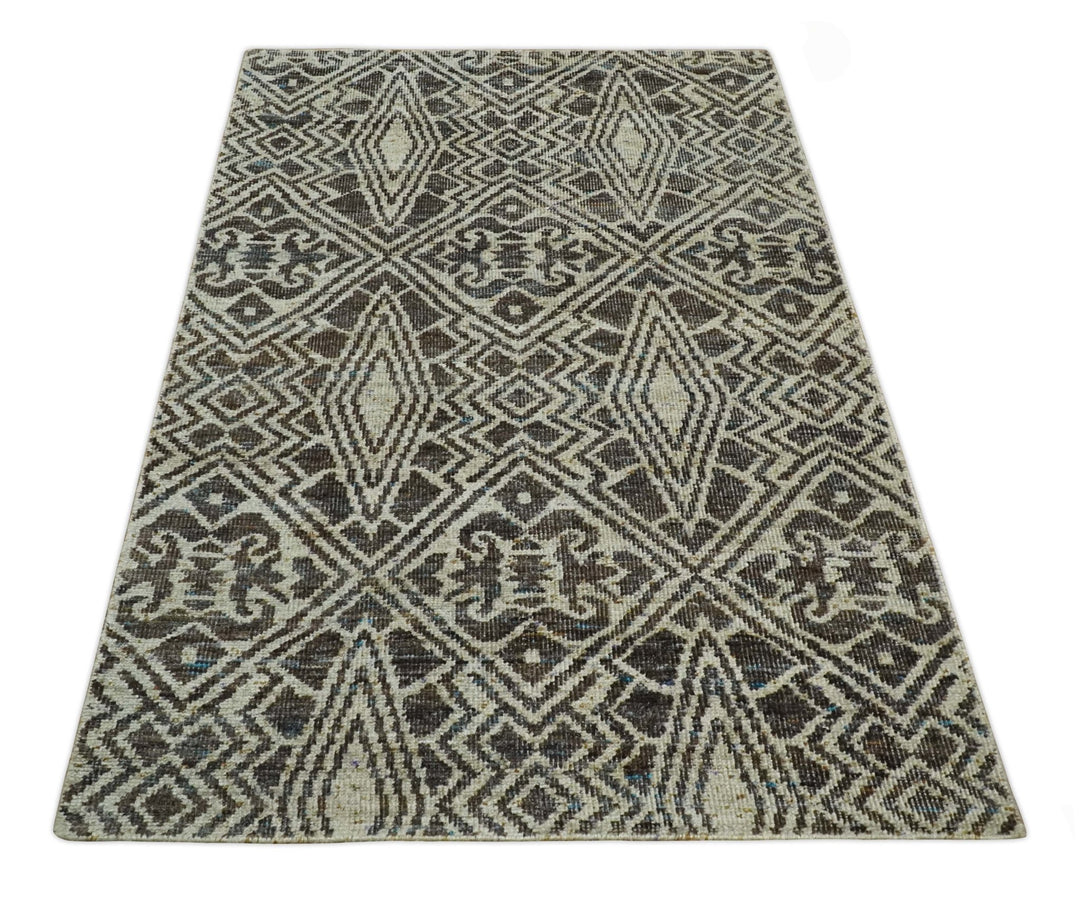 Hand Knotted 5x8 Beige and Brown Modern Persian Contemporary Southwestern Tribal Trellis Recycled Silk Area Rug | OP106 - The Rug Decor