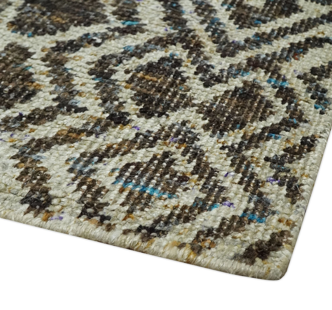 Hand Knotted 5x8 Beige and Brown Modern Persian Contemporary Southwestern Tribal Trellis Recycled Silk Area Rug | OP106 - The Rug Decor