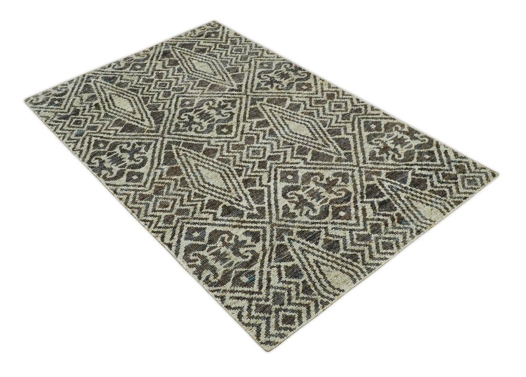 Hand Knotted 5x8 Beige and Brown Modern Persian Contemporary Southwestern Tribal Trellis Recycled Silk Area Rug | OP106 - The Rug Decor