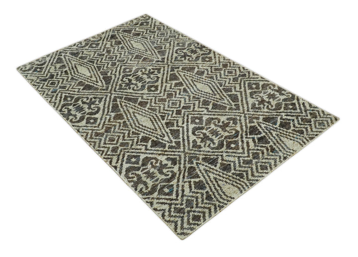 Hand Knotted 5x8 Beige and Brown Modern Persian Contemporary Southwestern Tribal Trellis Recycled Silk Area Rug | OP106 - The Rug Decor