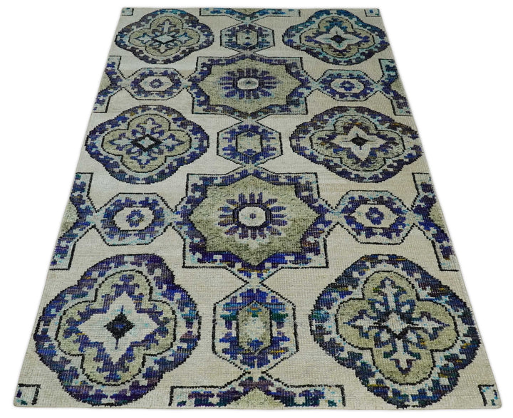 Hand Knotted 5x8 Beige, Violet and Olive Persian made of Recycled Silk Area Rug | OP98 - The Rug Decor