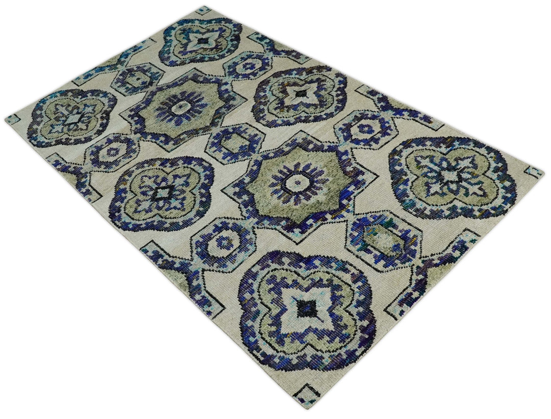 Hand Knotted 5x8 Beige, Violet and Olive Persian made of Recycled Silk Area Rug | OP98 - The Rug Decor