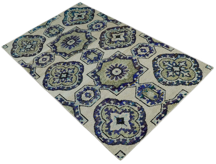 Hand Knotted 5x8 Beige, Violet and Olive Persian made of Recycled Silk Area Rug | OP98 - The Rug Decor