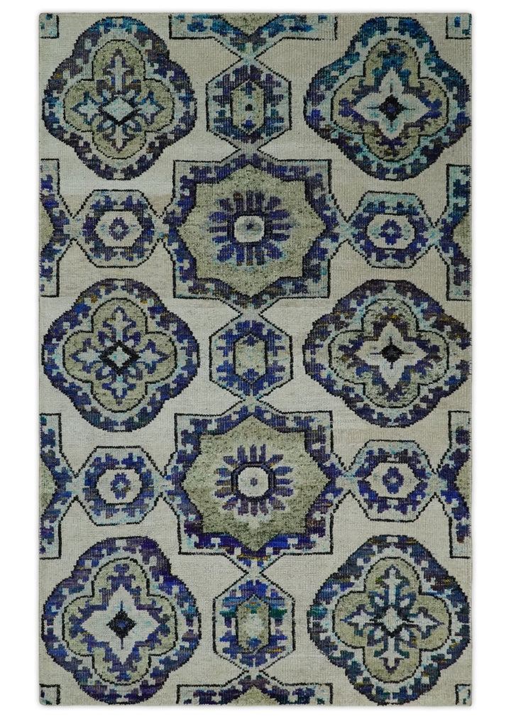 Hand Knotted 5x8 Beige, Violet and Olive Persian made of Recycled Silk Area Rug | OP98 - The Rug Decor