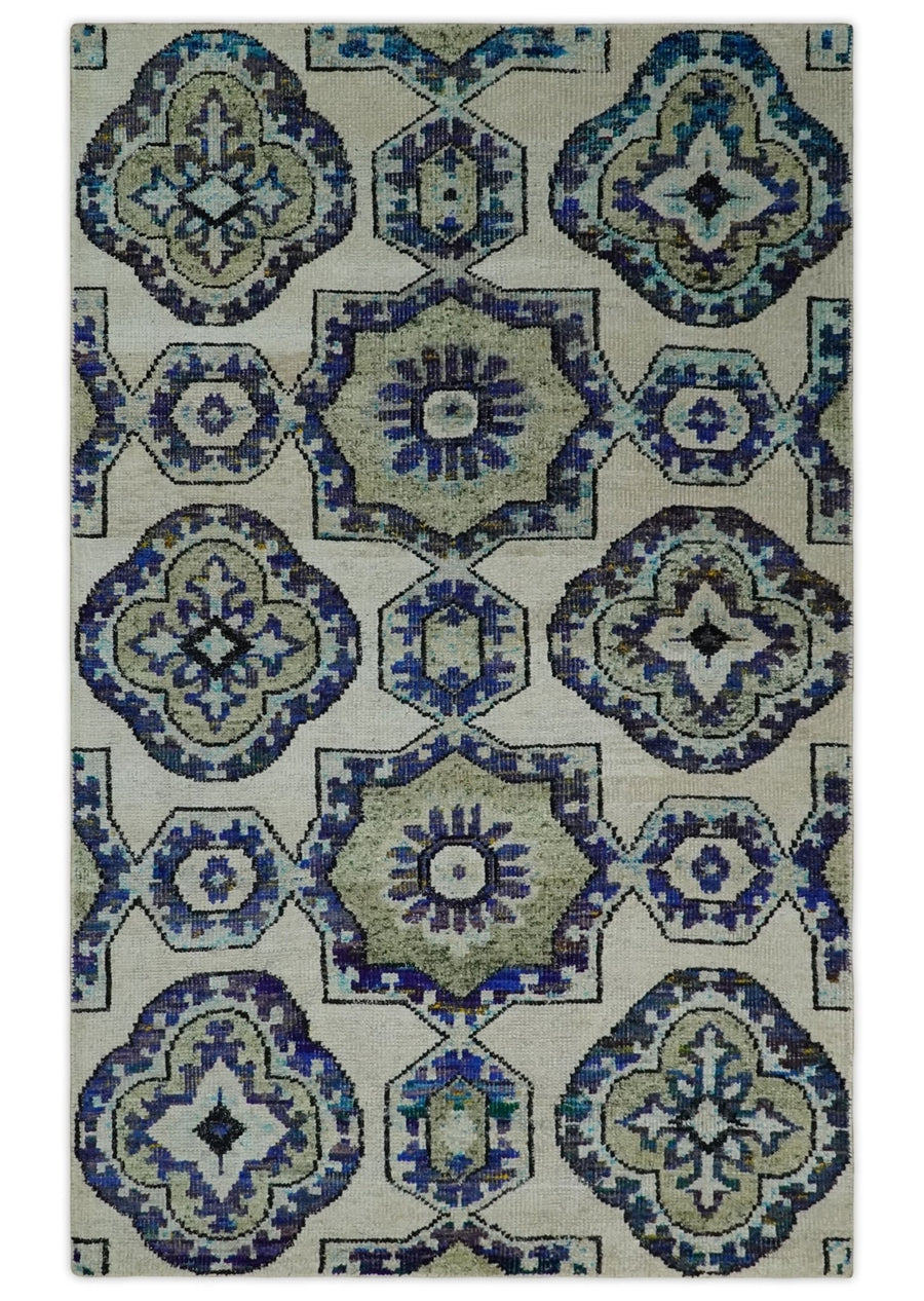 Hand Knotted 5x8 Beige, Violet and Olive Persian made of Recycled Silk Area Rug | OP98 - The Rug Decor