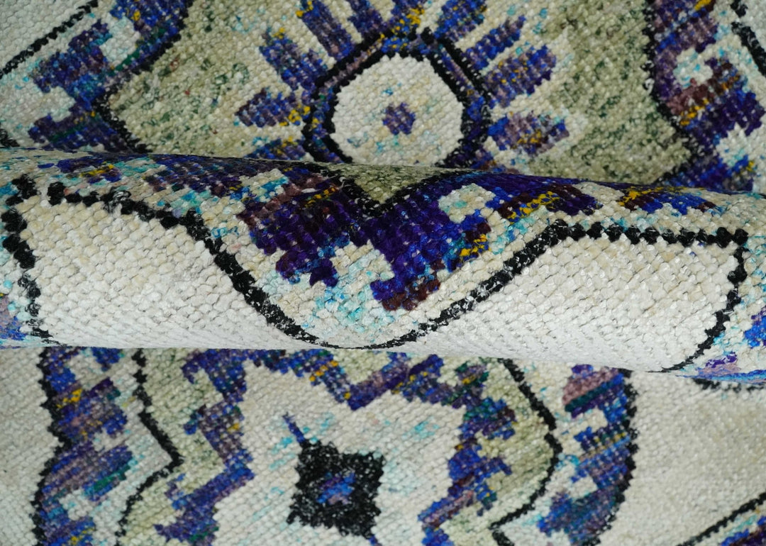 Hand Knotted 5x8 Beige, Violet and Olive Persian made of Recycled Silk Area Rug | OP98 - The Rug Decor