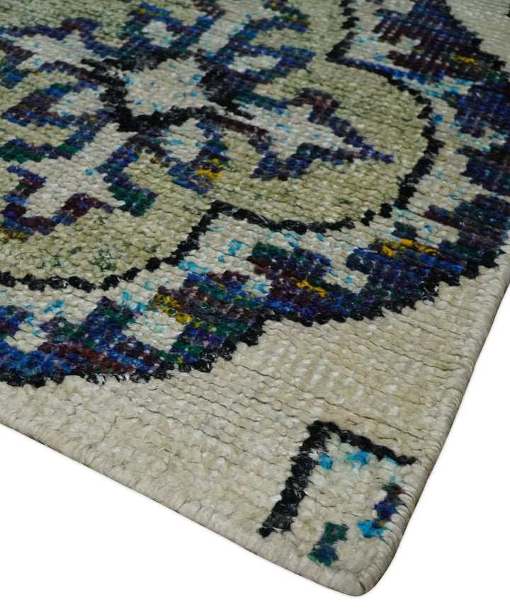 Hand Knotted 5x8 Beige, Violet and Olive Persian made of Recycled Silk Area Rug | OP98 - The Rug Decor
