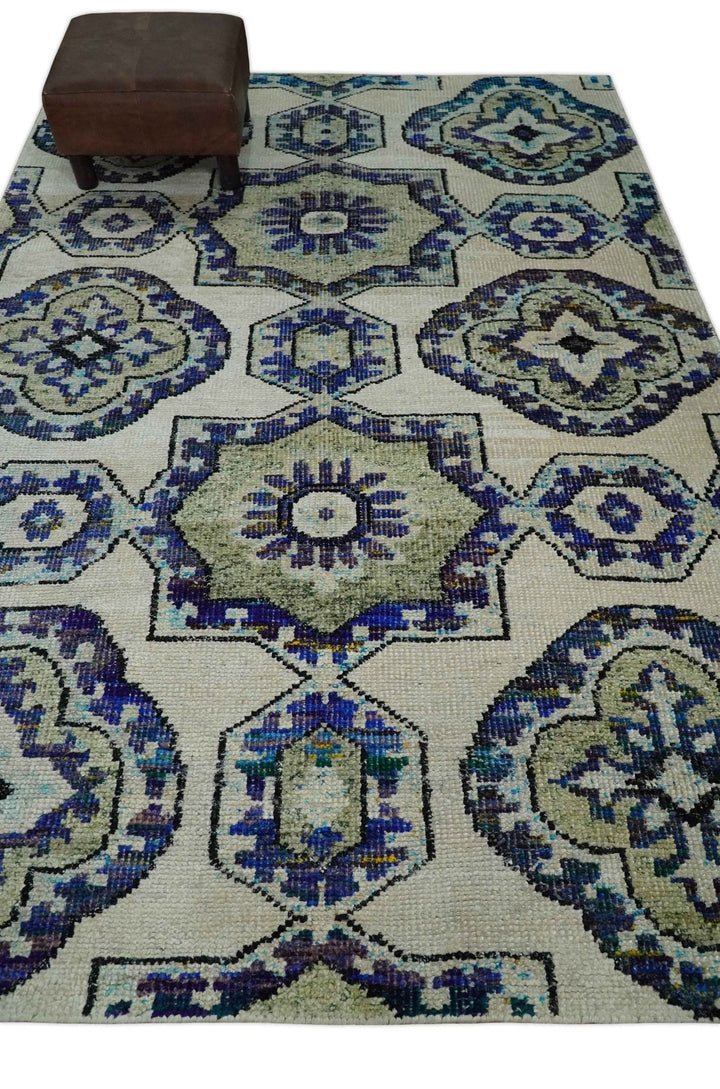 Hand Knotted 5x8 Beige, Violet and Olive Persian made of Recycled Silk Area Rug | OP98 - The Rug Decor