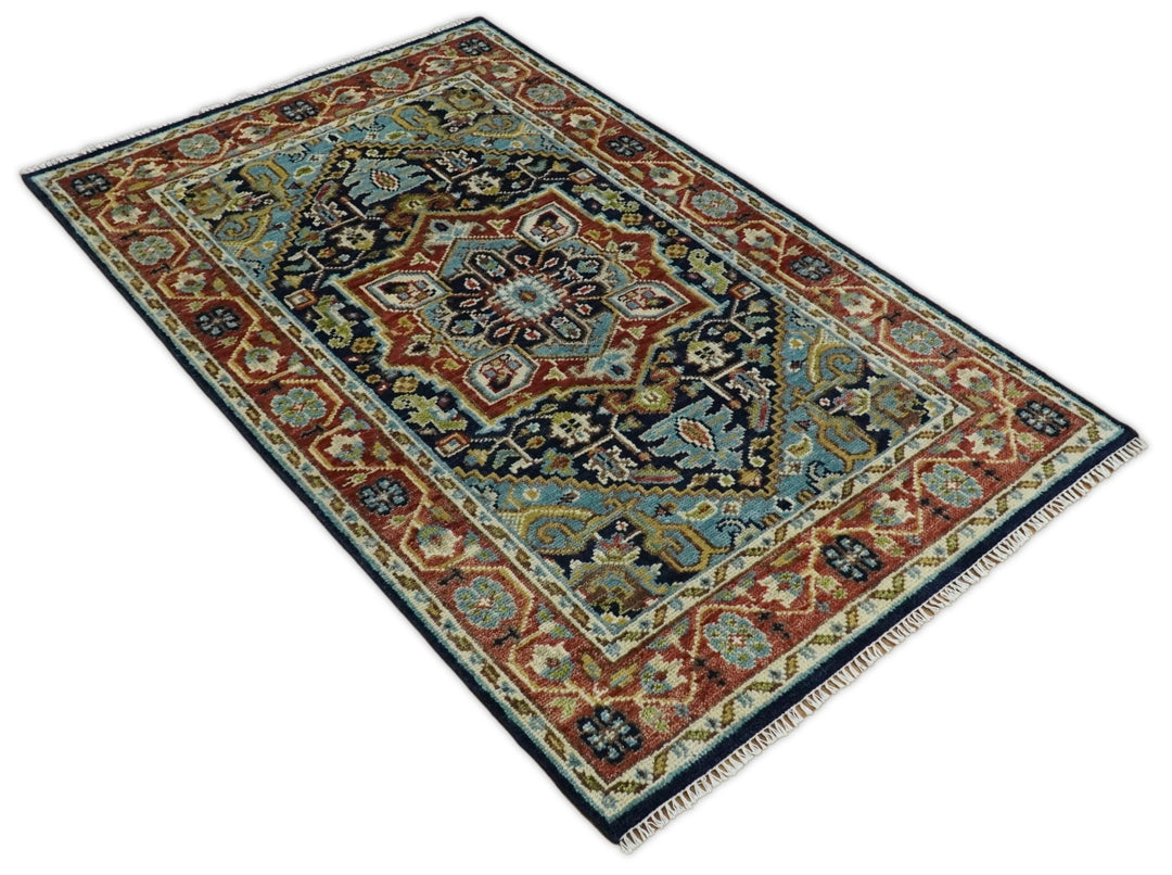 Hand Knotted 5x8 Blue and Rust Traditional Persian Heriz Serapi Area Rug | TRDCP19358 - The Rug Decor