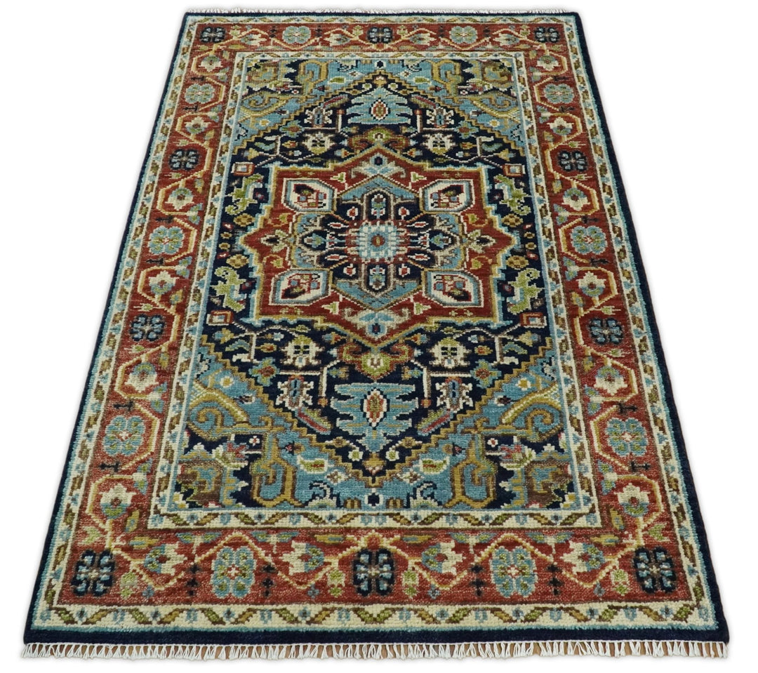 Hand Knotted 5x8 Blue and Rust Traditional Persian Heriz Serapi Area Rug | TRDCP19358 - The Rug Decor
