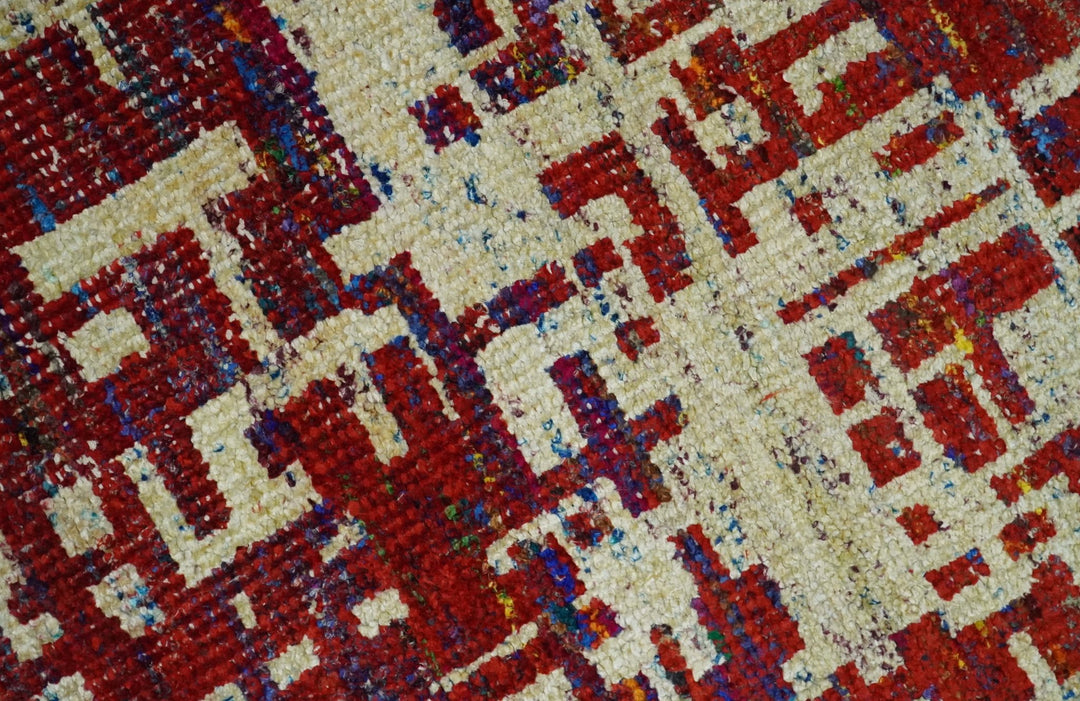 Hand Knotted 5x8 Camel, Red and Blue Modern Abstract Contemporary Recycled Silk Area Rug | OP126 - The Rug Decor