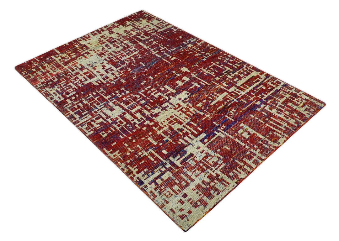 Hand Knotted 5x8 Camel, Red and Blue Modern Abstract Contemporary Recycled Silk Area Rug | OP126 - The Rug Decor