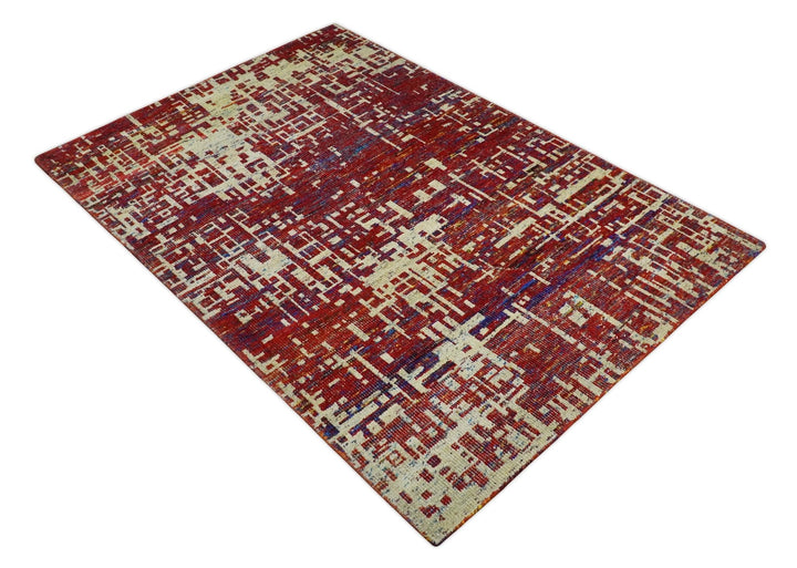 Hand Knotted 5x8 Camel, Red and Blue Modern Abstract Contemporary Recycled Silk Area Rug | OP126 - The Rug Decor