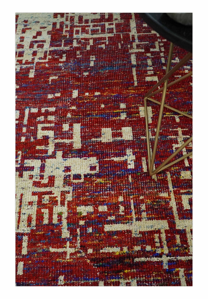 Hand Knotted 5x8 Camel, Red and Blue Modern Abstract Contemporary Recycled Silk Area Rug | OP126 - The Rug Decor