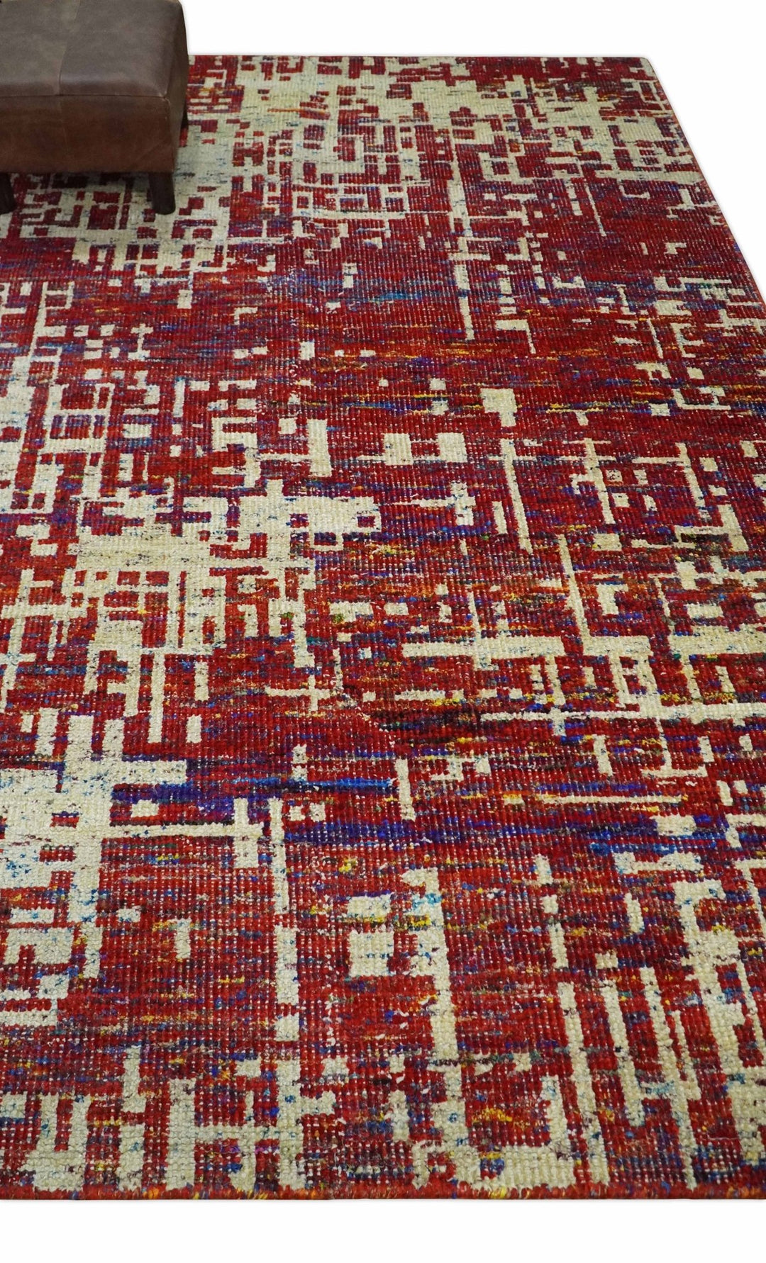 Hand Knotted 5x8 Camel, Red and Blue Modern Abstract Contemporary Recycled Silk Area Rug | OP126 - The Rug Decor