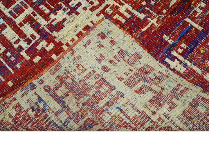 Hand Knotted 5x8 Camel, Red and Blue Modern Abstract Contemporary Recycled Silk Area Rug | OP126 - The Rug Decor