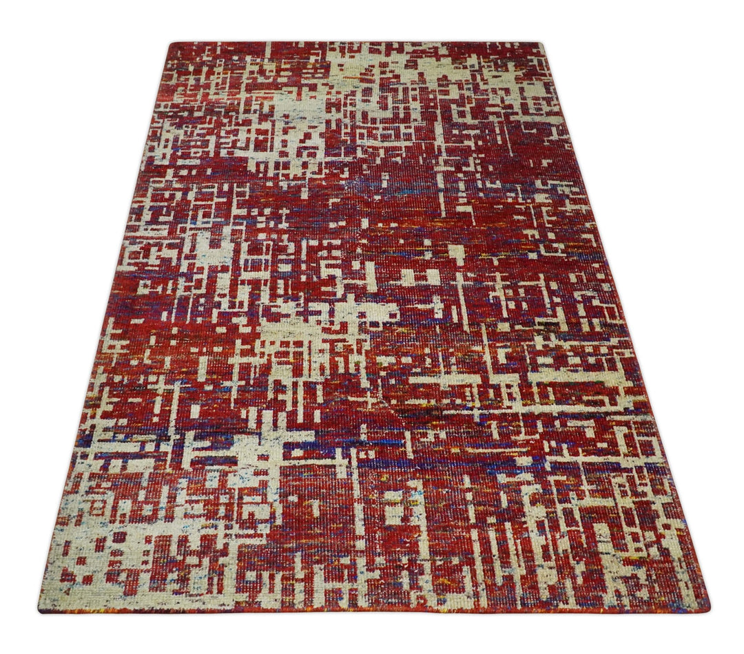 Hand Knotted 5x8 Camel, Red and Blue Modern Abstract Contemporary Recycled Silk Area Rug | OP126 - The Rug Decor