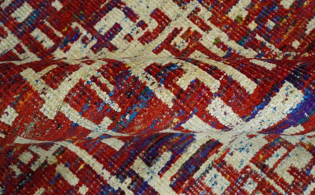 Hand Knotted 5x8 Camel, Red and Blue Modern Abstract Contemporary Recycled Silk Area Rug | OP126 - The Rug Decor