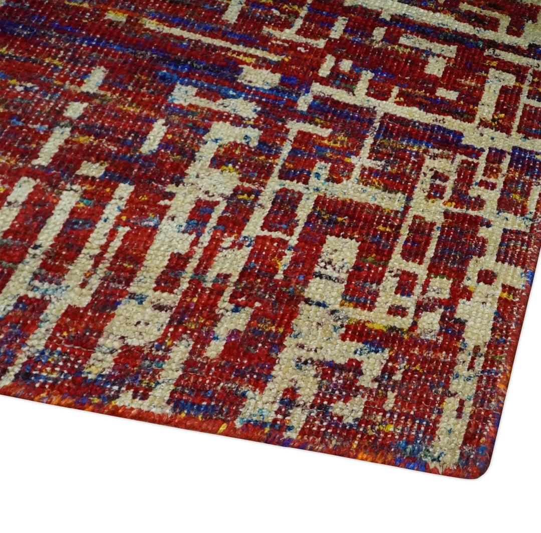 Hand Knotted 5x8 Camel, Red and Blue Modern Abstract Contemporary Recycled Silk Area Rug | OP126 - The Rug Decor
